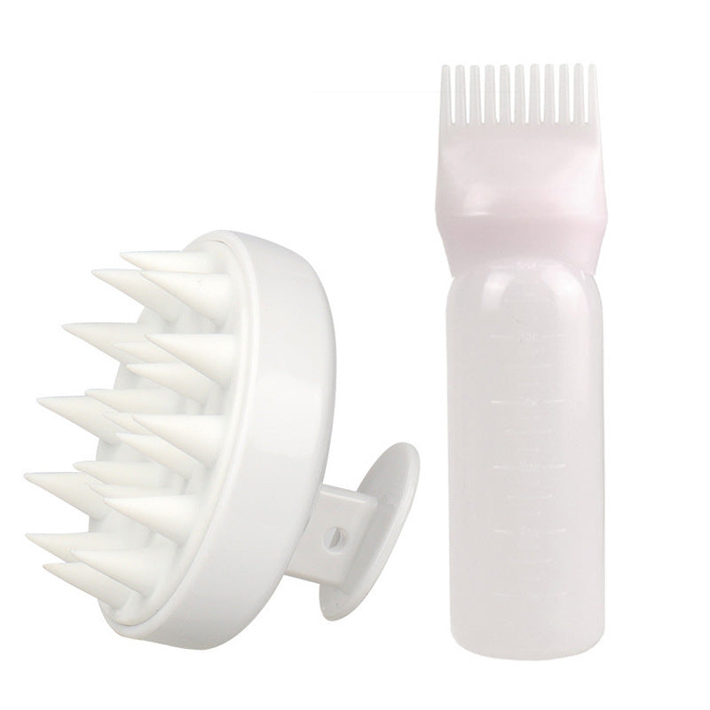 White bottle and scalp massager brush hair care tool set for cleaning and scalp massage