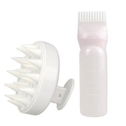 White bottle and scalp massager brush hair care tool set for cleaning and scalp massage