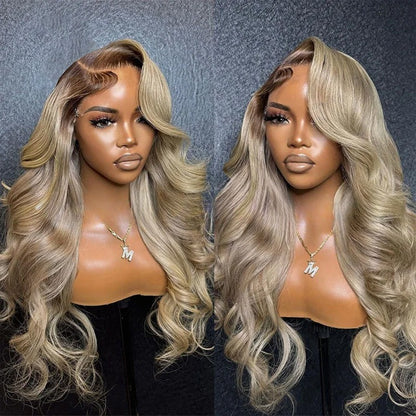 Highlight wave real human hair wig in blonde tones with long, flowing curls and side part hairstyle