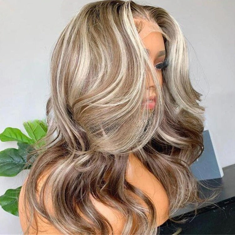 Highlight wave real human hair wig featuring a stunning blend of blonde and brown shades