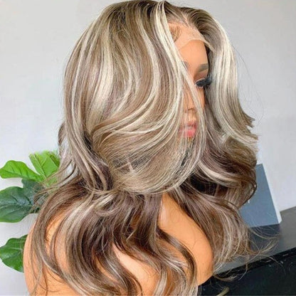 Highlight wave real human hair wig featuring a stunning blend of blonde and brown shades