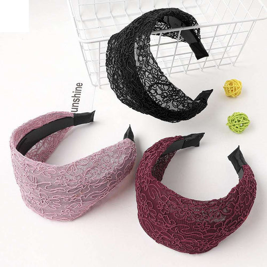 Set of lace wide brim hair hoop in black, pink, and burgundy for stylish hair accessories