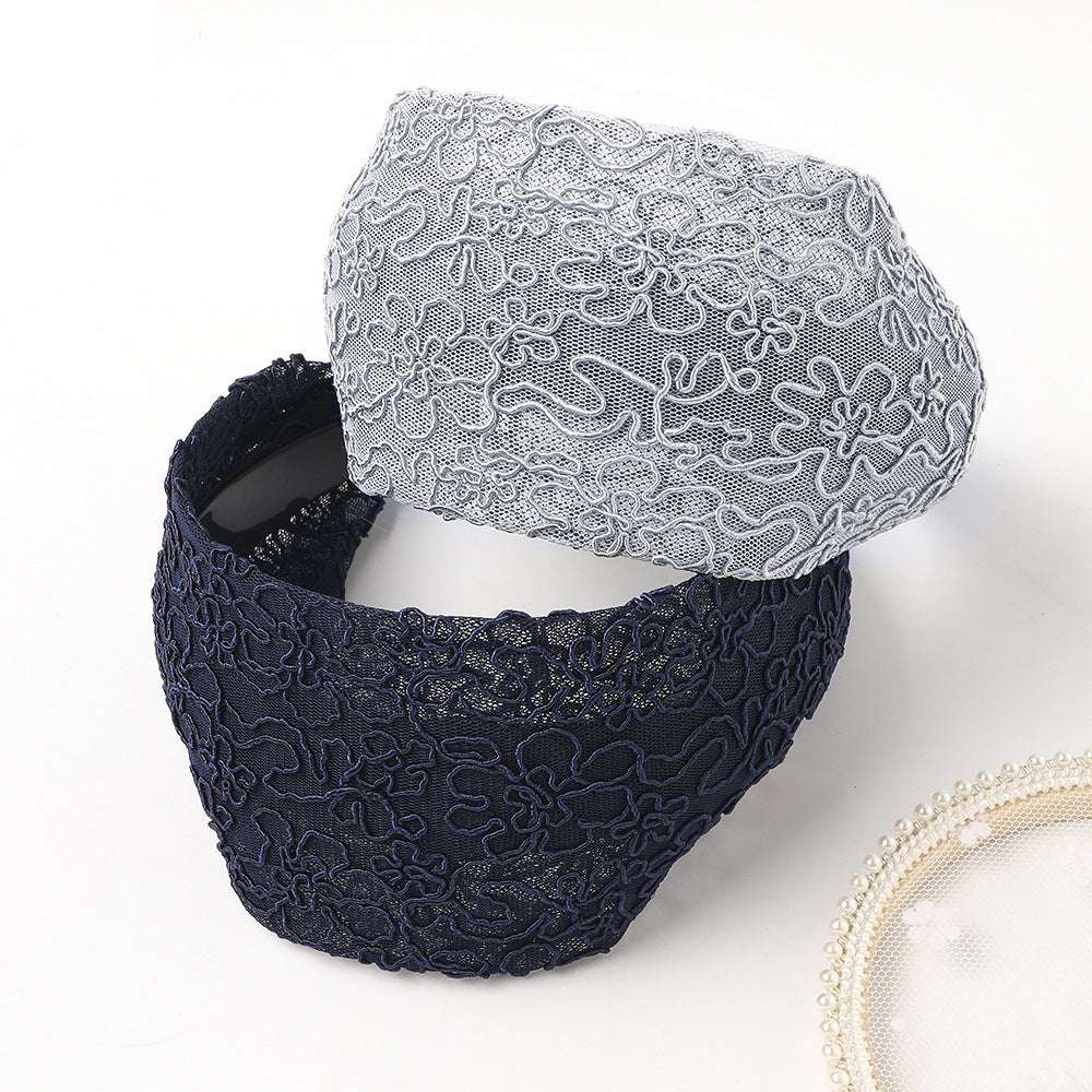 Lace wide brim hair hoop in navy and gray, perfect for stylish hair accessory needs