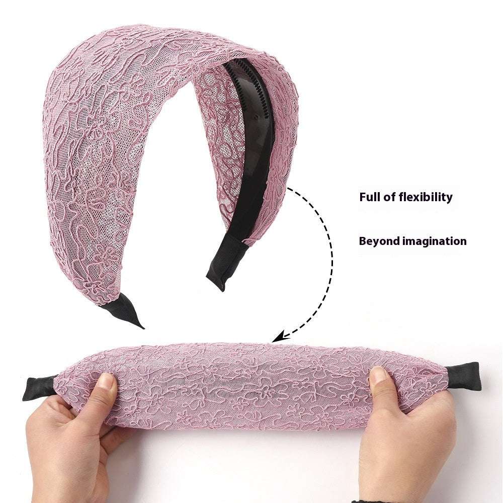 Lace wide brim hair hoop in pink with flexible design for comfortable all-day wear