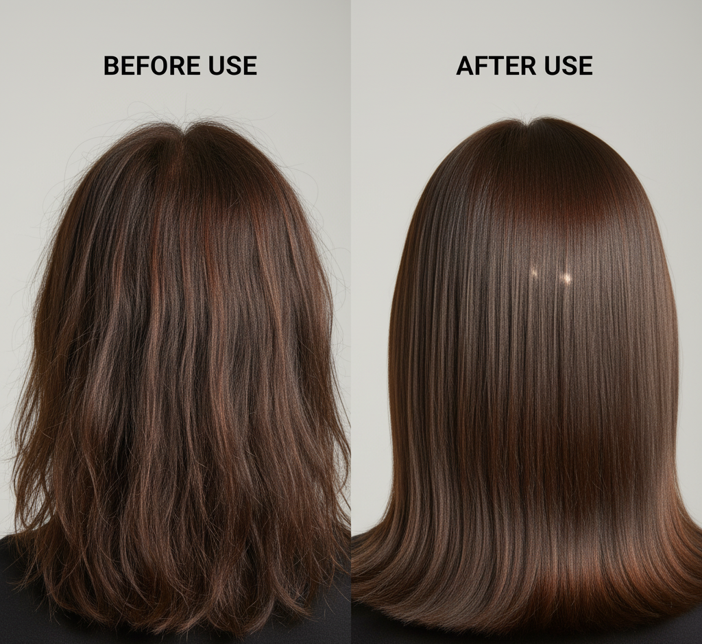 Before and after comparison of hair treatment showing straightened hair.