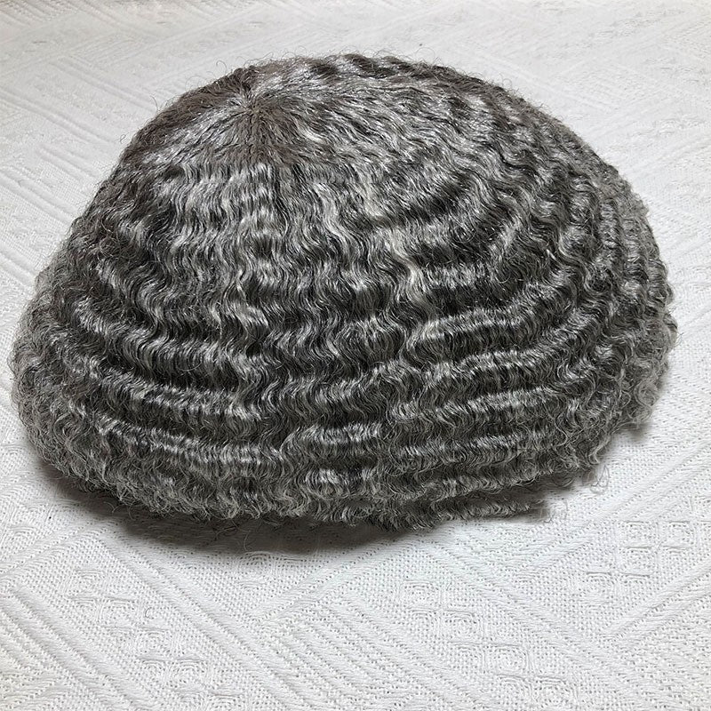 Men's real human hair toupee with wavy texture in gray color, designed for natural appearance and comfort