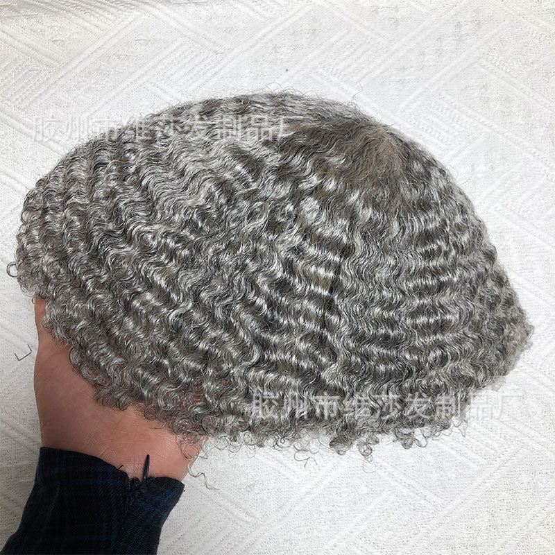 Men's real human hair toupee with natural curly texture for a seamless look