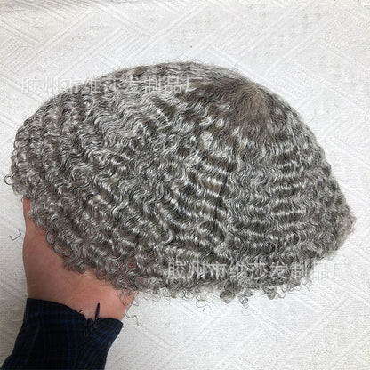 Men's real human hair toupee with natural curly texture for a seamless look