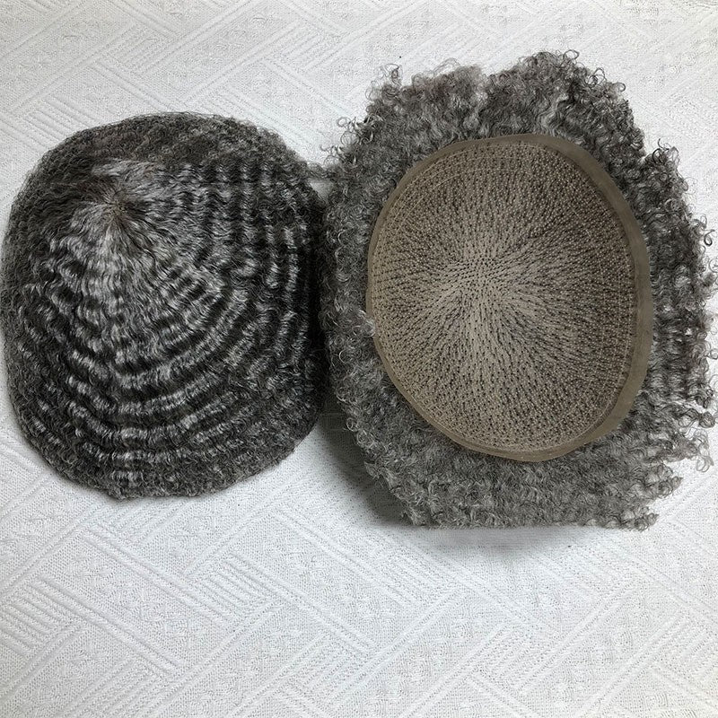 Men's real human hair toupee featuring textured curls and a natural look for seamless wear