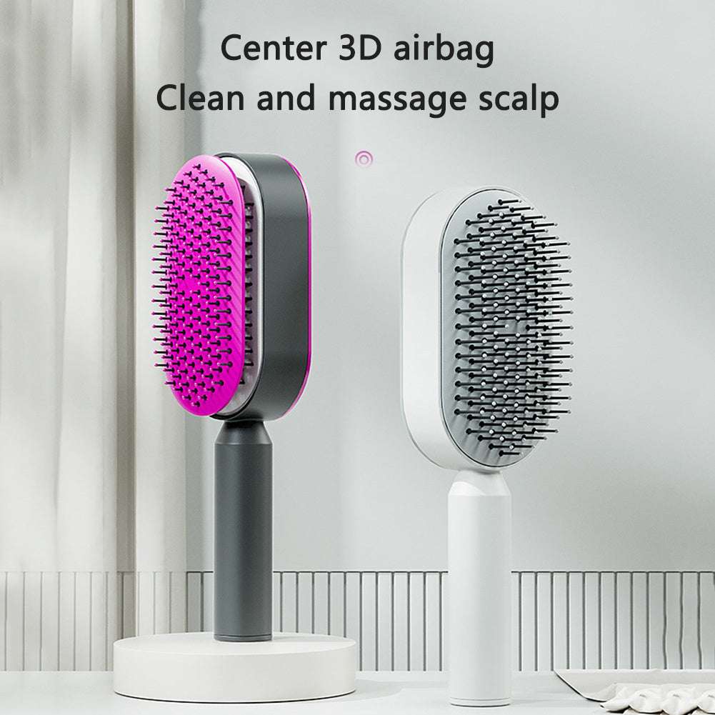 Two one-key cleaning hairbrushes designed to clean and massage the scalp with 3D airbag technology