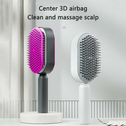 Two one-key cleaning hairbrushes designed to clean and massage the scalp with 3D airbag technology