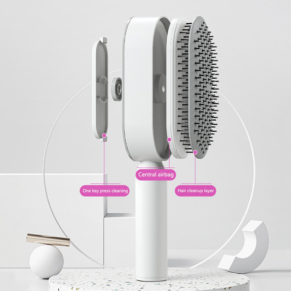 One-key cleaning hairbrush design featuring a central airbag and hair cleanup layer for easy maintenance