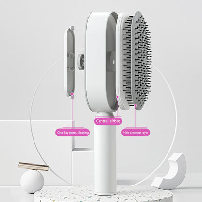 One-key cleaning hairbrush design featuring a central airbag and hair cleanup layer for easy maintenance