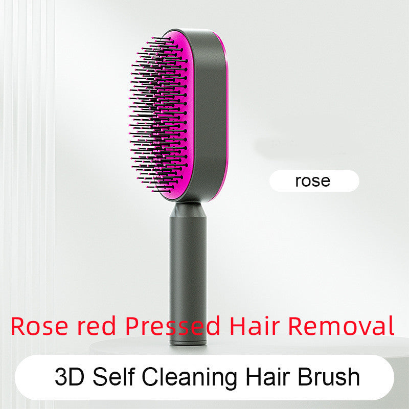 Rose red pressed hair removal brush with 3D self-cleaning feature and one-key cleaning hairbrush design