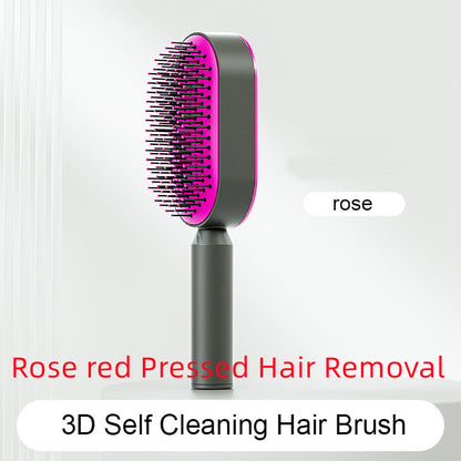 Rose red pressed hair removal brush with 3D self-cleaning feature and one-key cleaning hairbrush design