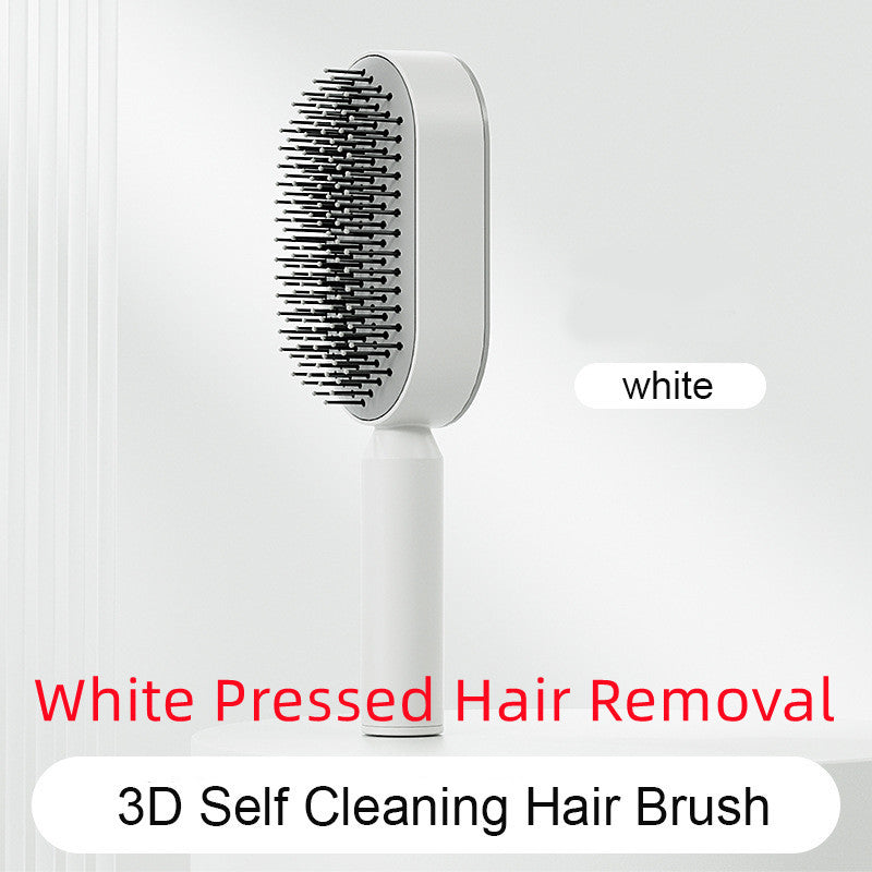 White Pressed Hair Removal 3D Self Cleaning Hair Brush with one-key cleaning hairbrush feature