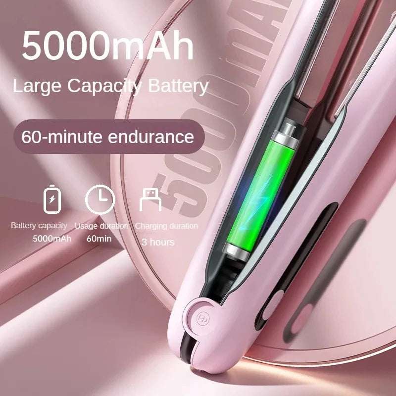 Portable cordless hair straightener with 5000mAh battery and 60-minute endurance for easy styling
