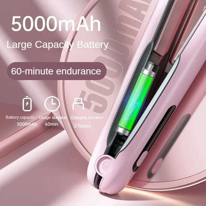 Portable cordless hair straightener with 5000mAh battery and 60-minute endurance for easy styling