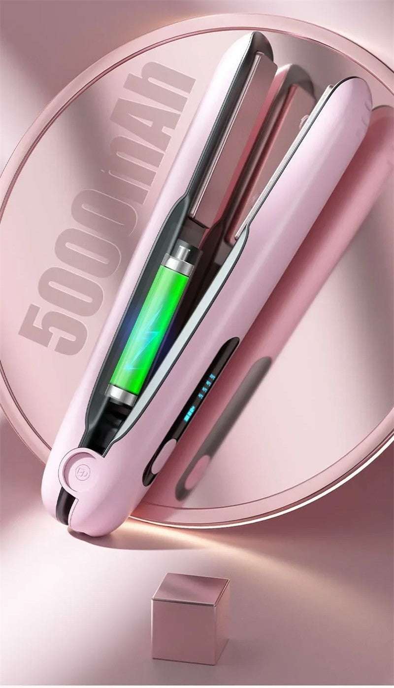 Portable cordless hair straightener in pink with digital display and 5000mAh battery for easy styling