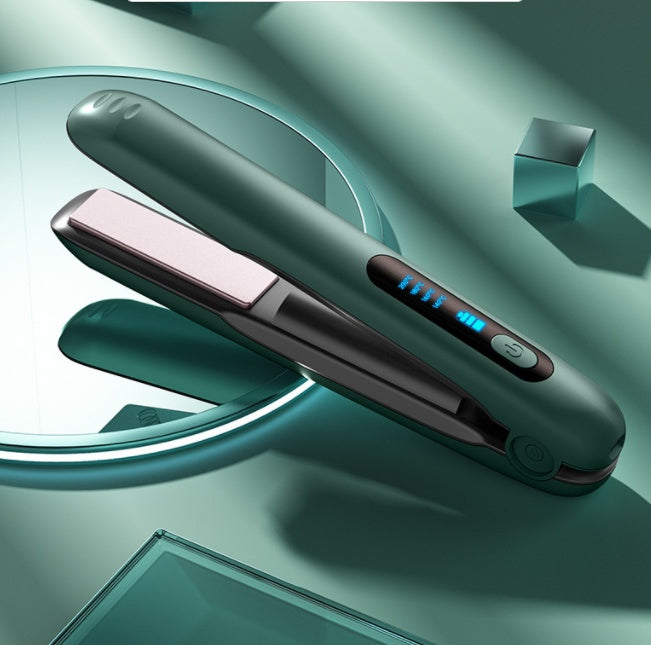 Portable cordless hair straightener in sleek green design with LED indicator lights