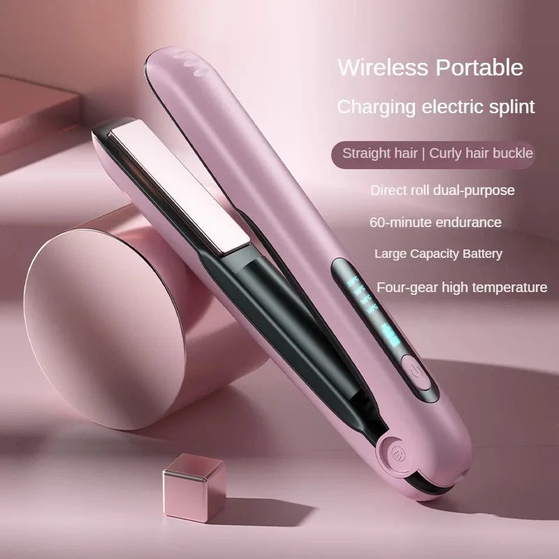 Portable cordless hair straightener in pink with dual-purpose design and long-lasting battery life
