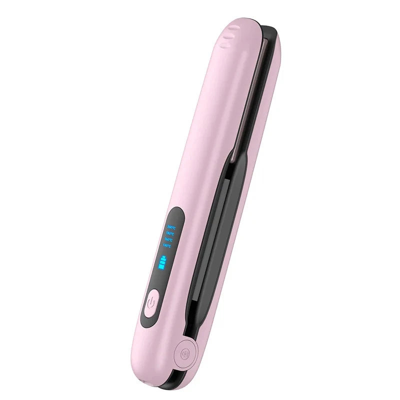 Portable cordless hair straightener with sleek design and digital temperature display in pink color