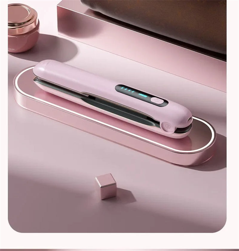 Portable cordless hair straightener in pink design on a stylish surface for on-the-go styling