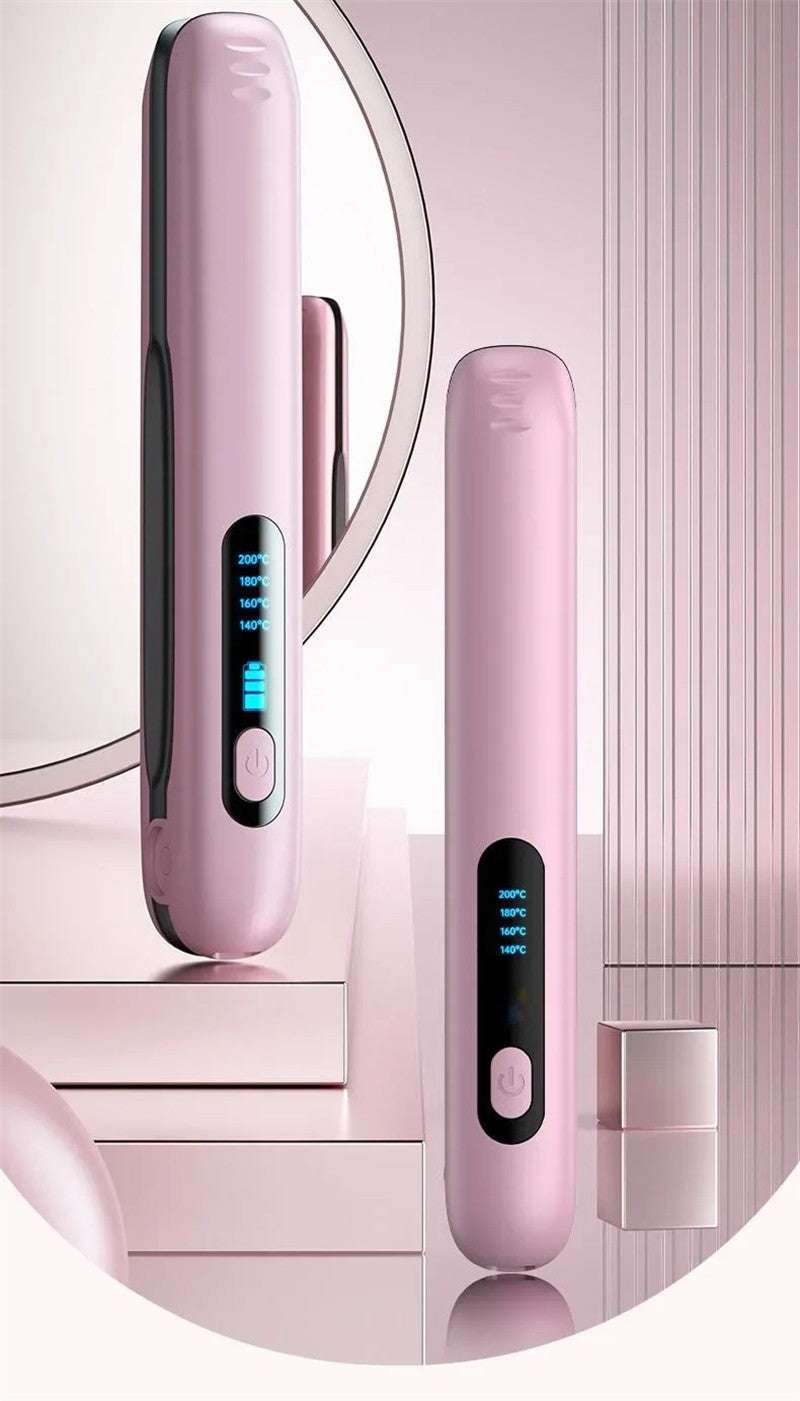 Pink portable cordless hair straightener with digital display and sleek design for easy styling on the go
