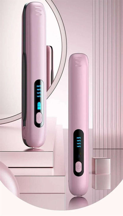 Pink portable cordless hair straightener with digital display and sleek design for easy styling on the go