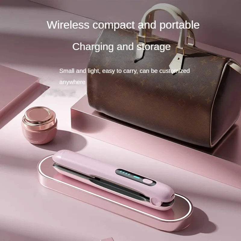 Portable cordless hair straightener in pink with charging case, perfect for travel and easy storage