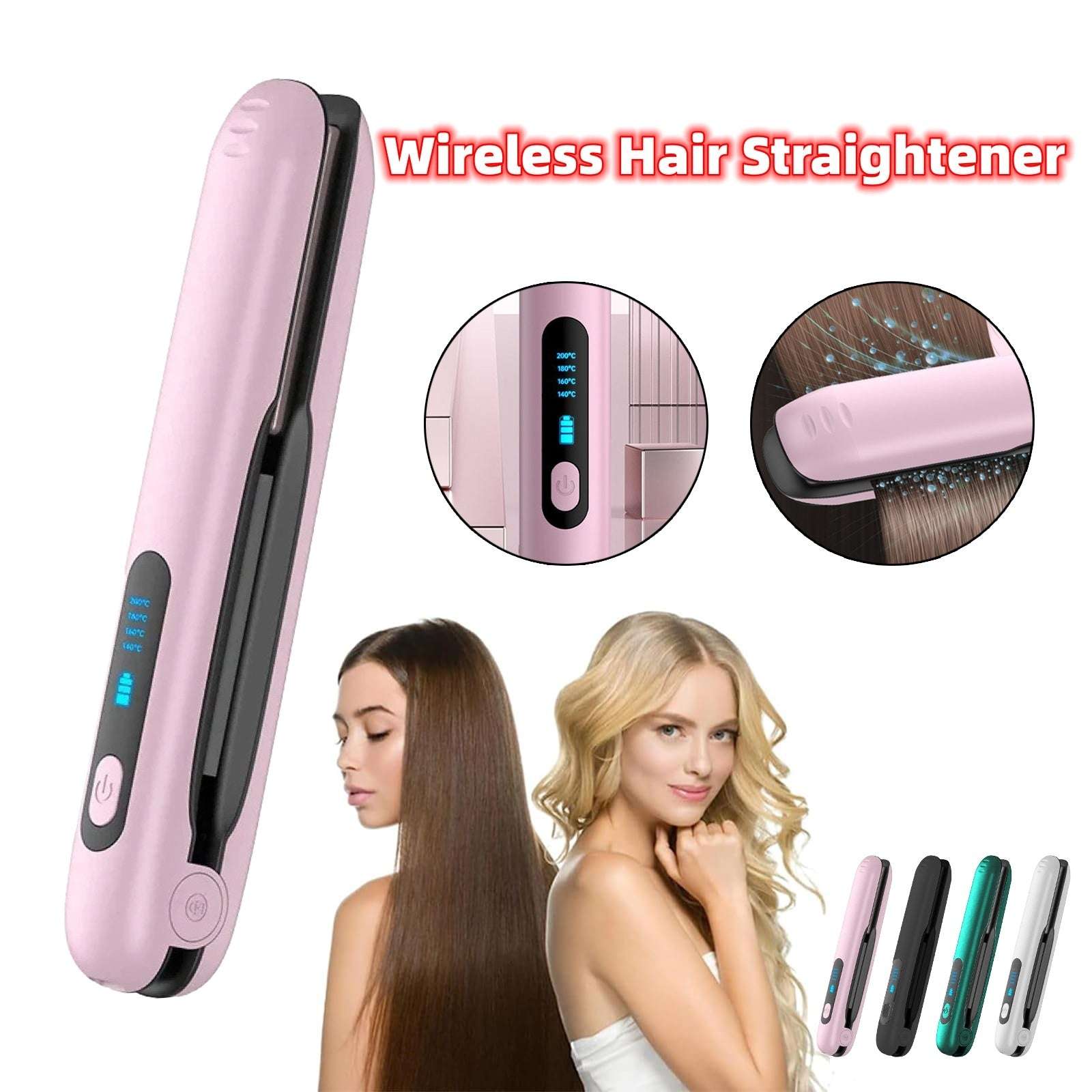 Portable cordless hair straightener in pink with digital display for effortless styling anywhere