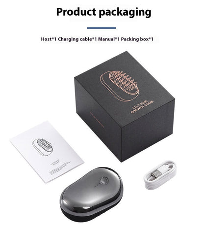 Product packaging of the red light scalp care device including charger, manual, and comb