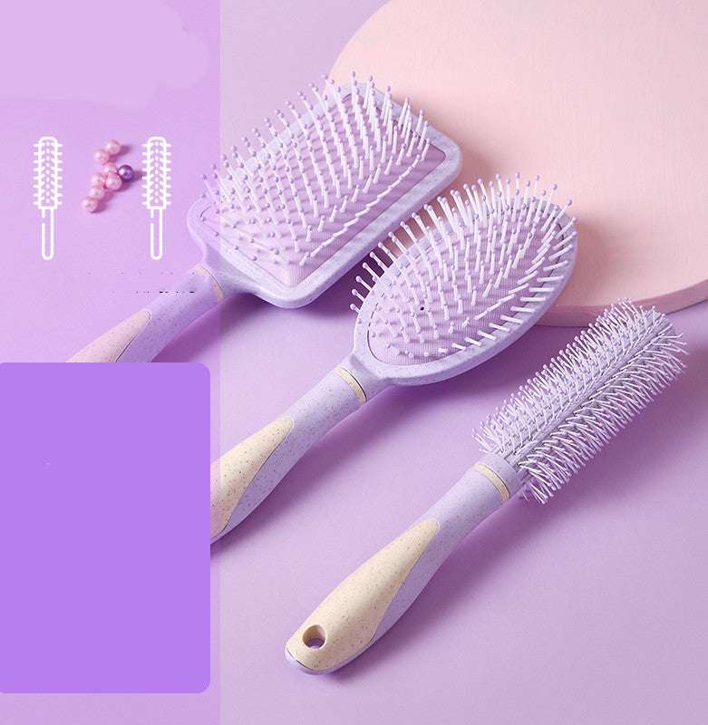 Professional airbag comb set with three purple brushes including paddle, oval, and round styling combs