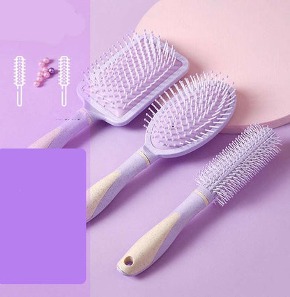 Professional airbag comb set with three purple brushes including paddle, oval, and round styling combs
