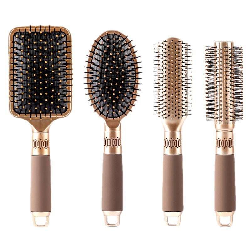 Set of professional hair comb tools with various brush shapes and cushioned handles for massage