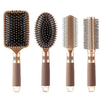 Set of professional hair comb tools with various brush shapes and cushioned handles for massage