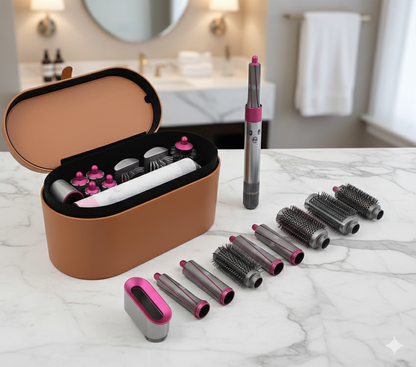 Professional hair styler for all hair types with multiple attachments for versatile curling and styling