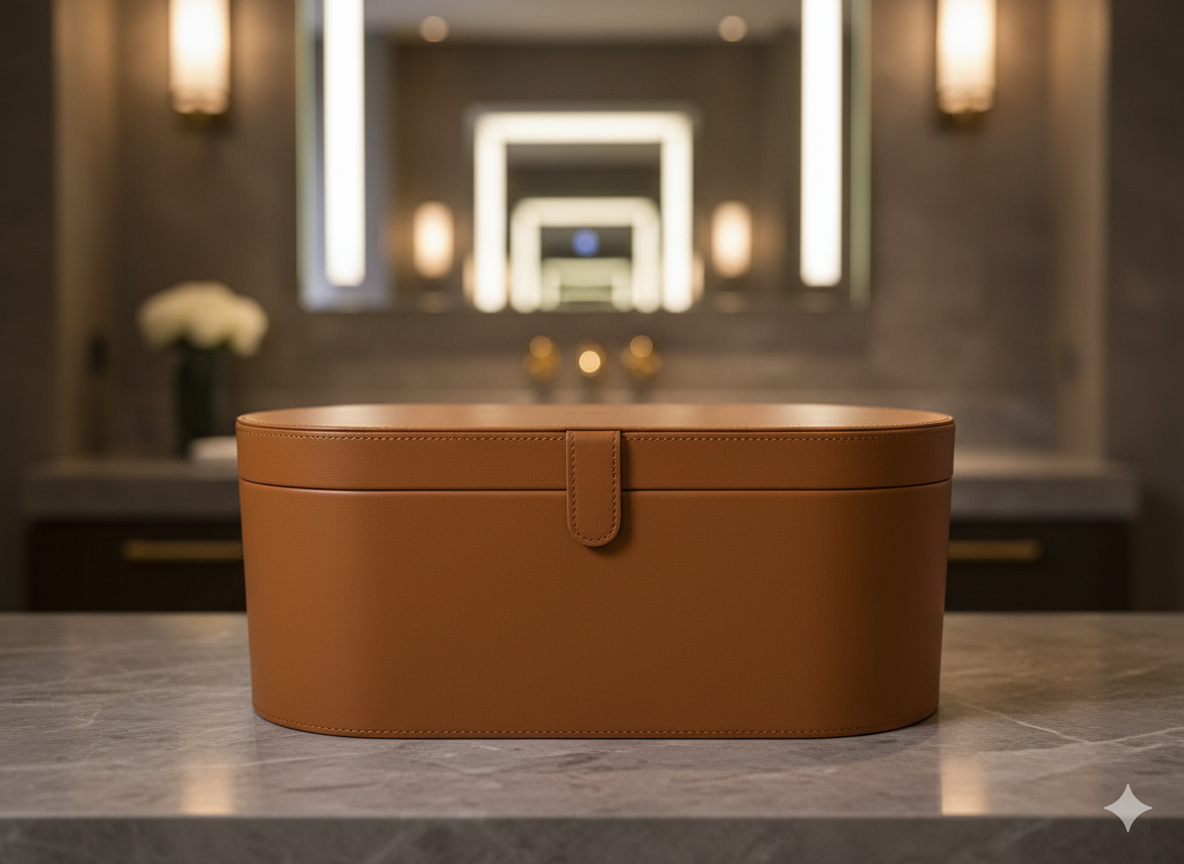 Brown storage box for professional hair styler for all hair types on a marble countertop