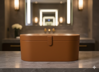 Brown storage box for professional hair styler for all hair types on a marble countertop