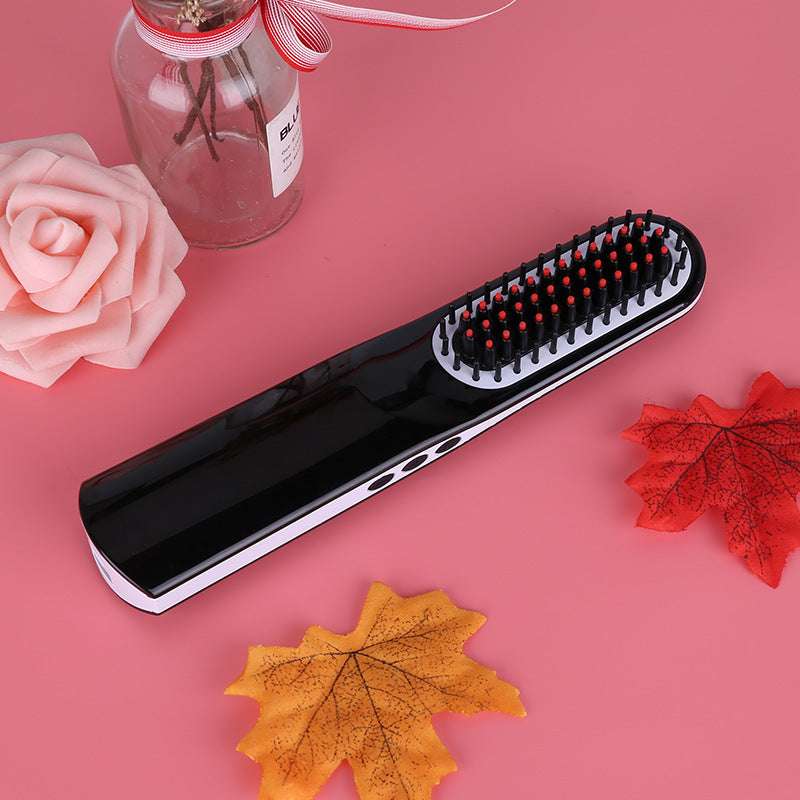 Quick beard straightener in sleek black design with styling bristles for easy grooming