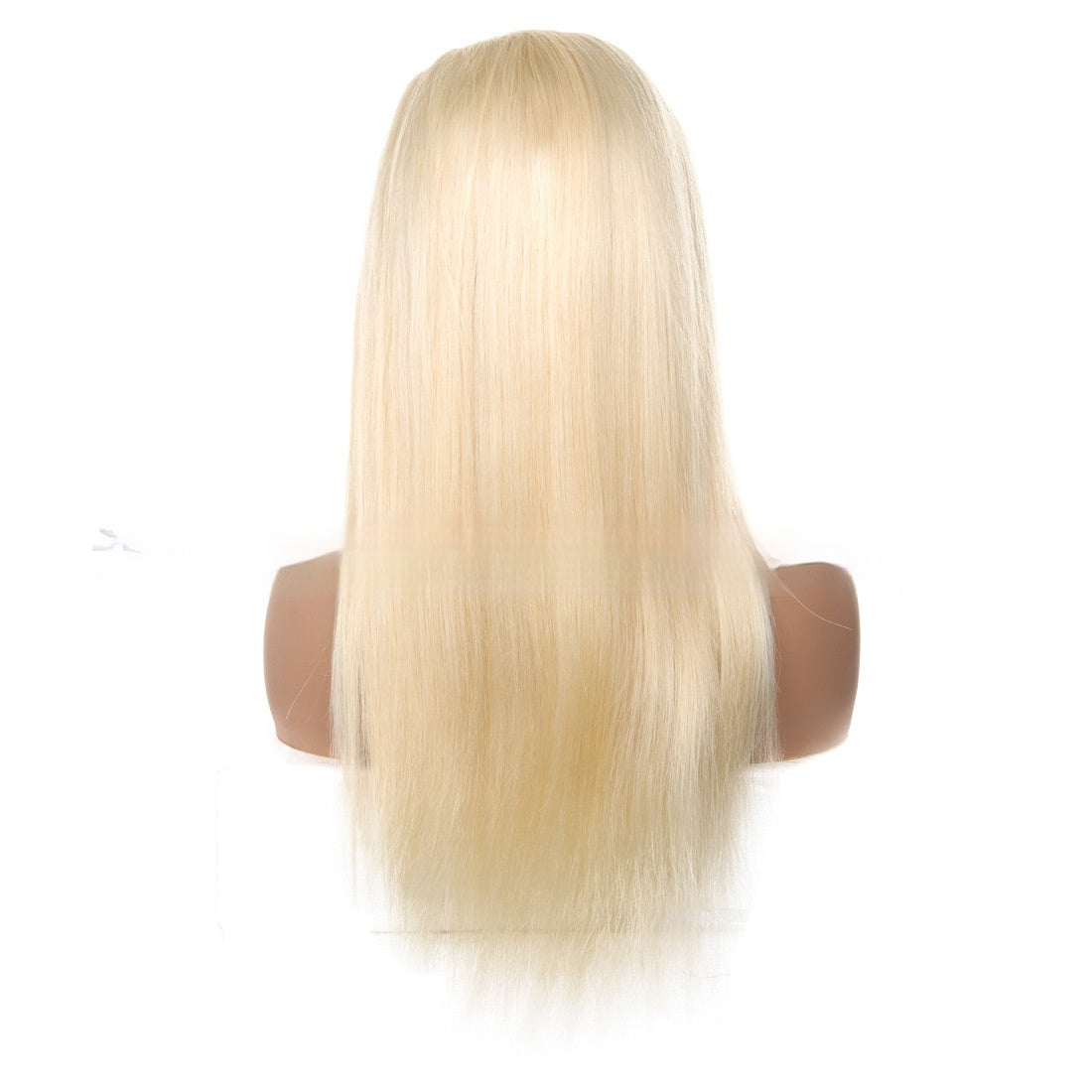 Back view of a straight blonde real human hair transparent lace wig with a natural look