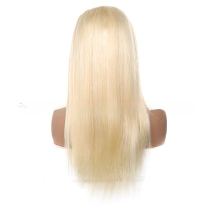 Back view of a straight blonde real human hair transparent lace wig with a natural look