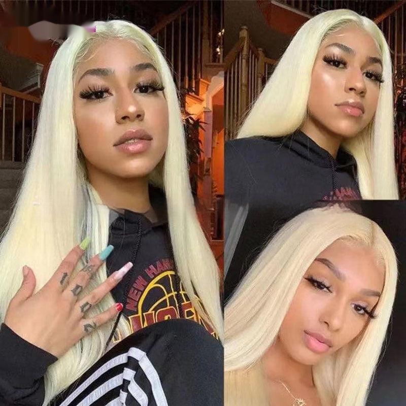 Real human hair transparent lace wig styled with long straight blonde hair, perfect for a natural look.