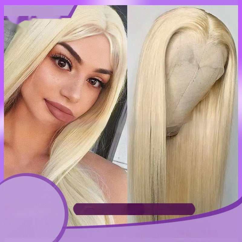 Real human hair transparent lace wig in blonde with a sleek and smooth style for a natural look