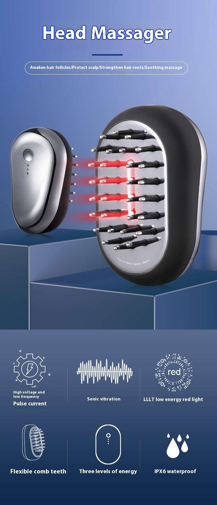 Red light scalp care device featuring flexible comb teeth and three vibration settings for effective massaging