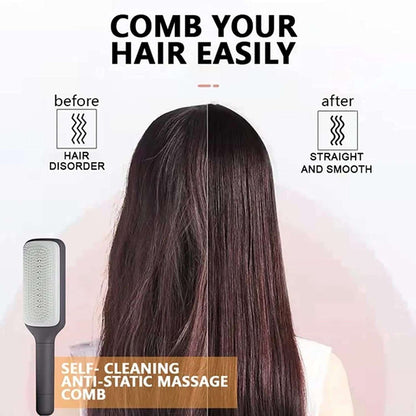 Self cleaning hair brush designed for easy detangling and smoothing hair with anti-static massage features