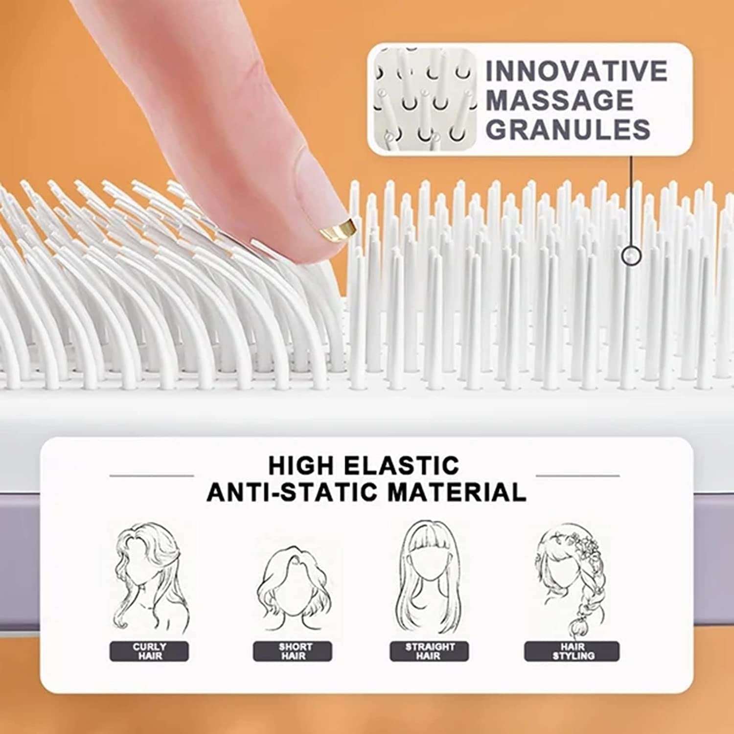 Self cleaning hair brush with innovative massage granules for easy hair styling and anti-static material