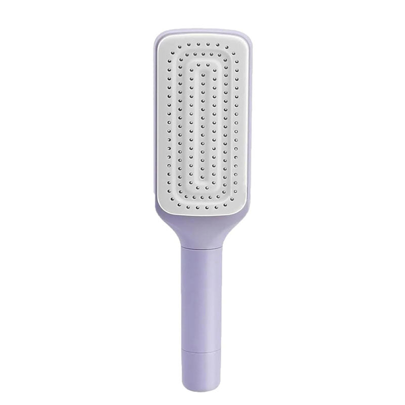 Purple self cleaning hair brush with ergonomic handle for easy styling and maintenance