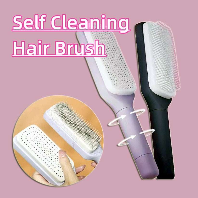 Two self cleaning hair brushes in purple and black with ergonomic handles for easy grooming