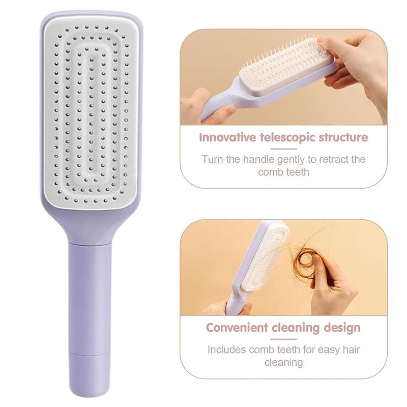 Self cleaning hair brush with innovative telescopic design for easy hair removal and convenient cleaning